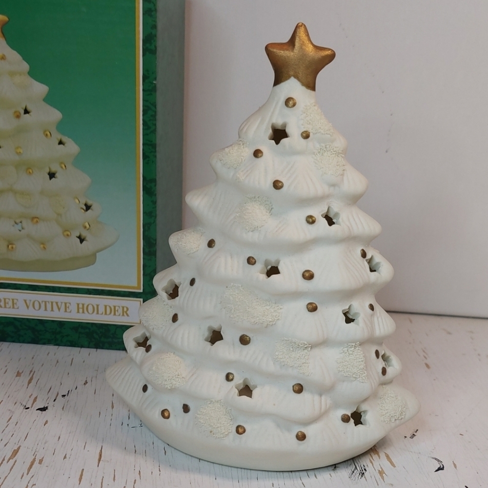 Vintage Matte Ceramic Christmas Tree Votive Holder White w Gold Star Decoration - Picture 11 of 11